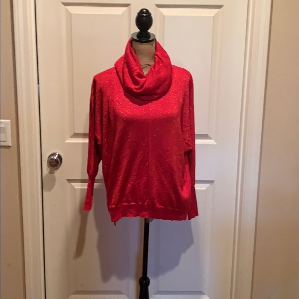 Red metallic cow neck holiday sweater